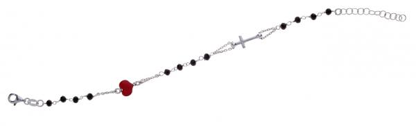 Bracciale rosario in argento925 Prega & Ama con pietre nere e cuore smaltato rosso - cod.61004