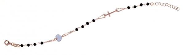 Bracciale rosario in argento925 Prega & Ama con pietre nere e cuore smaltato bianco - cod.61009
