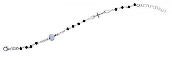 Bracciale rosario in argento925 Prega & Ama con pietre nere e cuore smaltato bianco -cod.61005