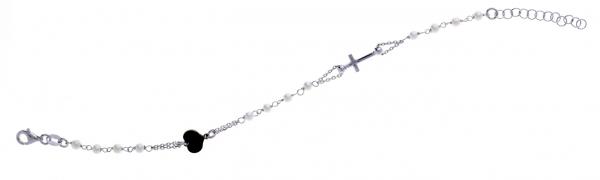 Bracciale rosario in argento925 Prega & Ama con pietre bianche e cuore smaltato nero - cod.61012